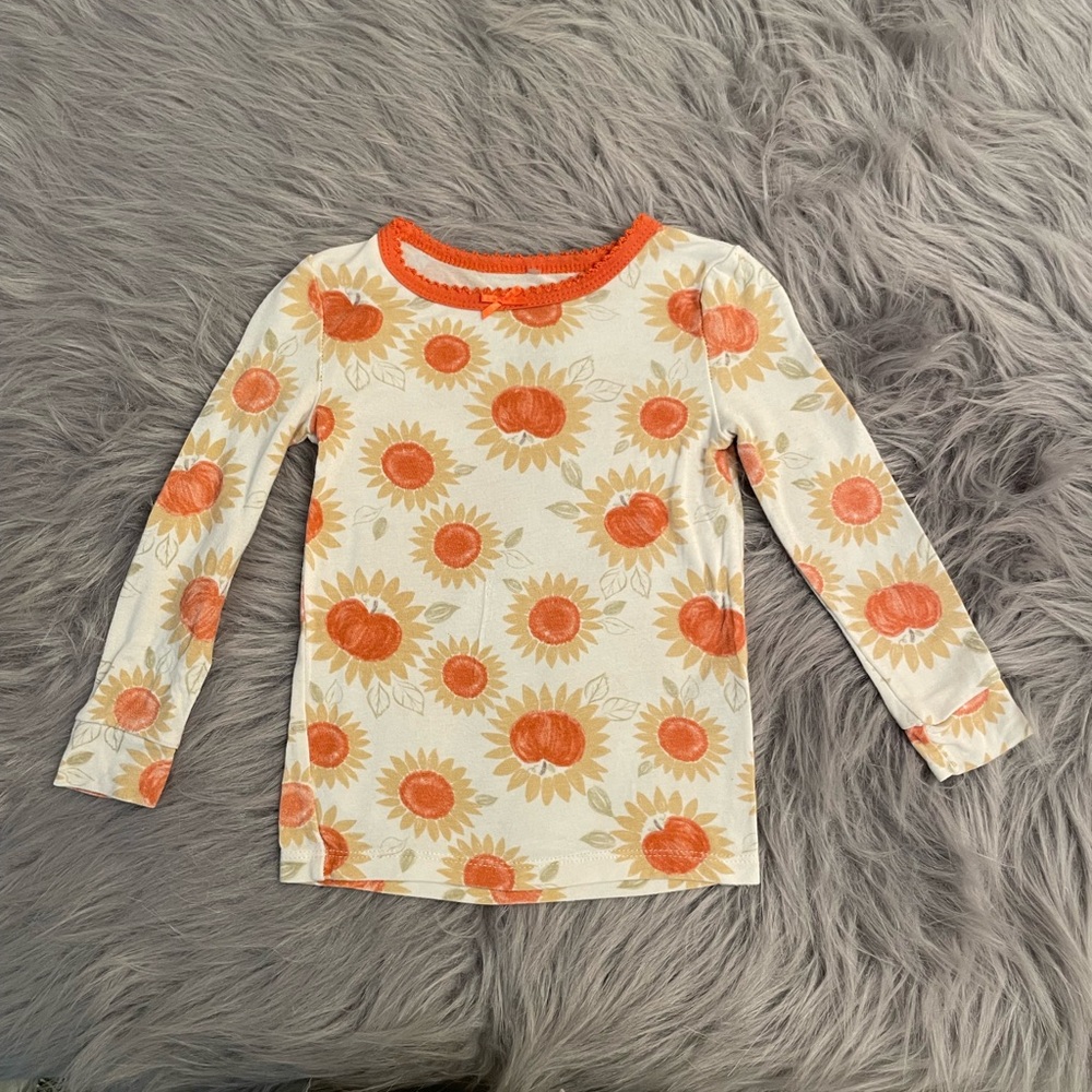 ☀️Girls' Orange Sunflower/Pumpkin Long-Sleeve PJ Top